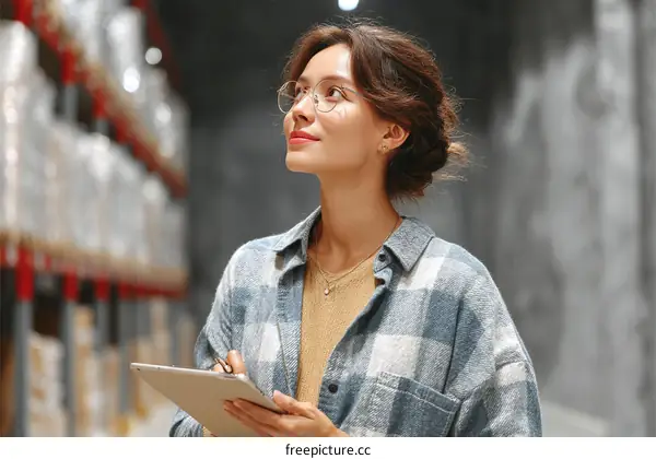 Asian Woman Working in Warehouse with Tablet