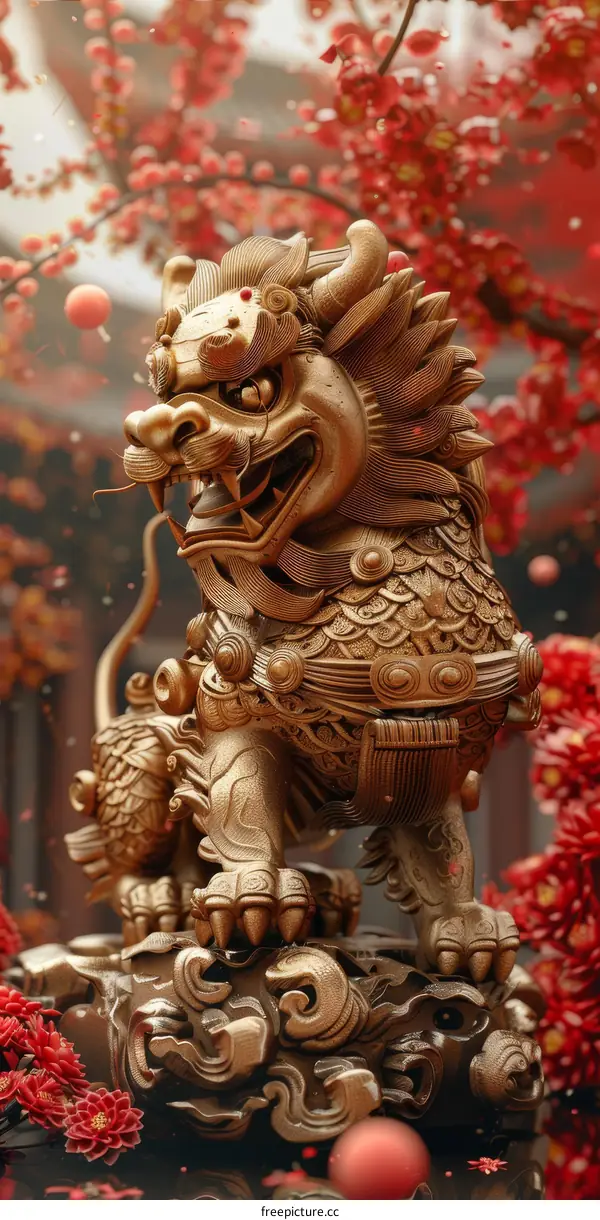 Golden Lion Statue with Red Plum Blossoms for Protection and Prosperity