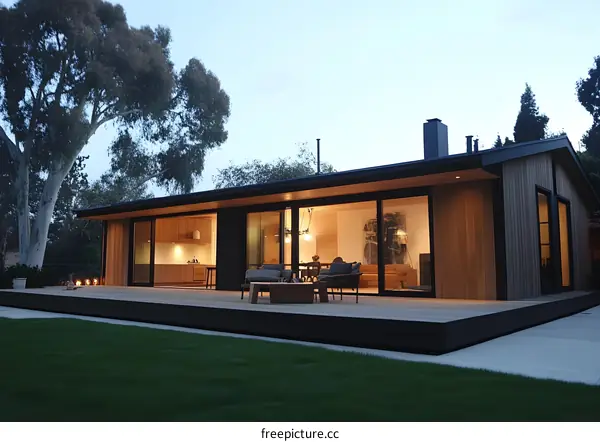 Modern House with Wooden Siding and Large Deck at Dusk