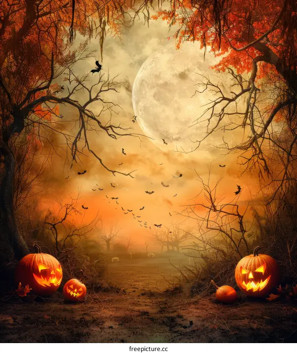 Spooky Halloween Night with Pumpkins and Bats