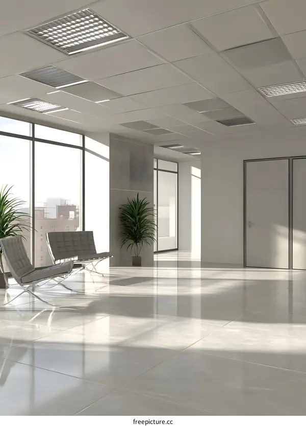 Modern Office Lobby Design with Two Chairs and Plants