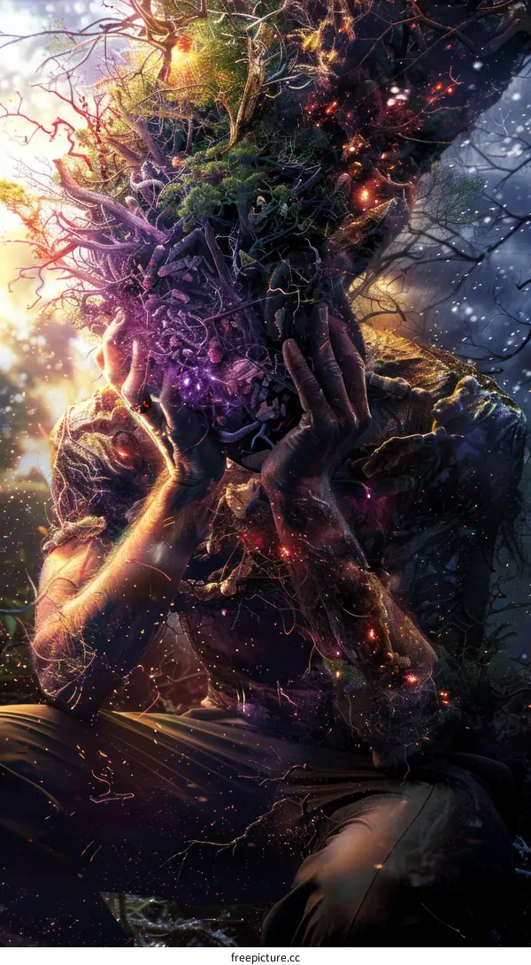 A surreal illustration of a man with a tree growing out of his head