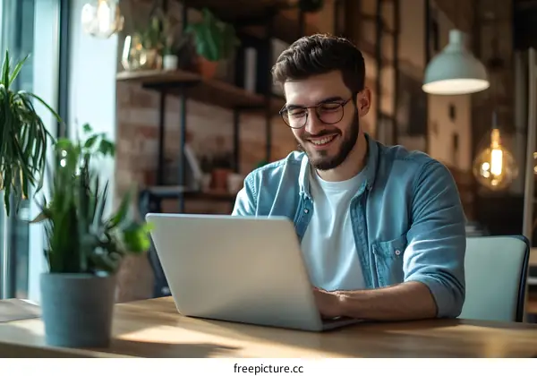 Smiling Man Working On Laptop In Cafe