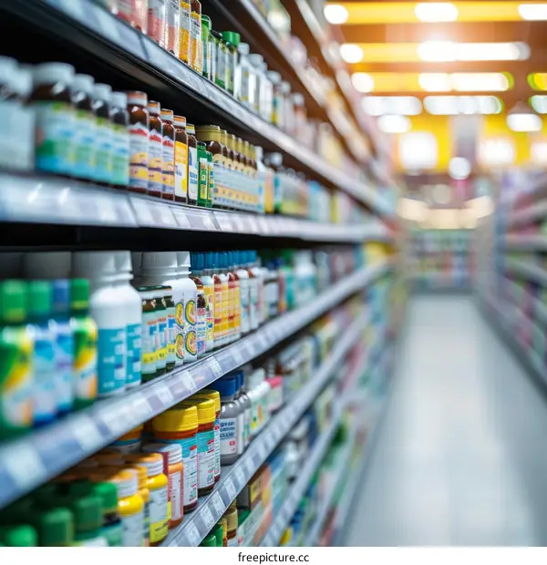 Drugstore shelves with variety of over the counter medications
