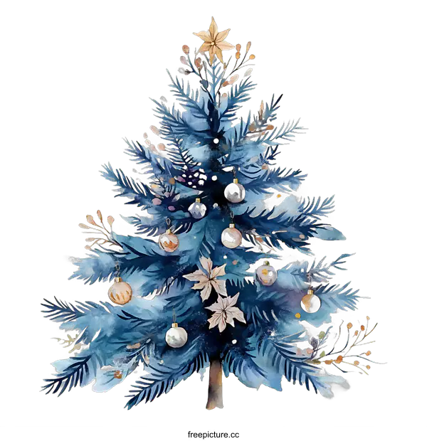 [Transparent Background PNG]Watercolor Blue Christmas Tree with Golden Ornaments Illustration