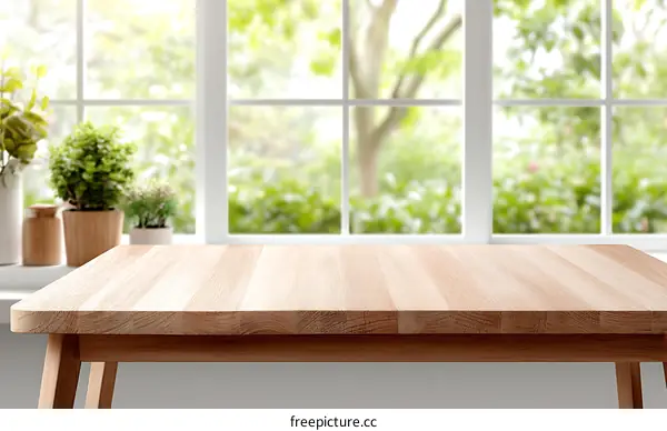 Wooden Table Top by Window with Blurred Background