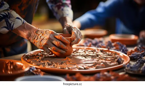 A potter shapes a bowl out of clay on a pottery wheel