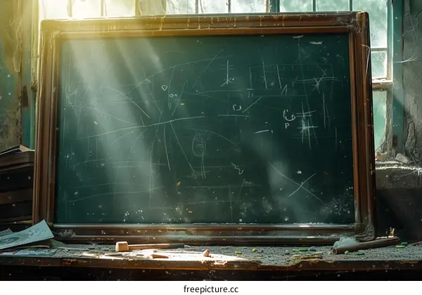 Old grunge school blackboard in an abandoned classroom