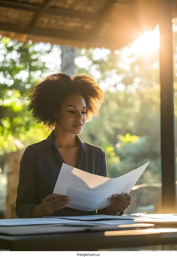 African American Woman Working on Documents Outdoors