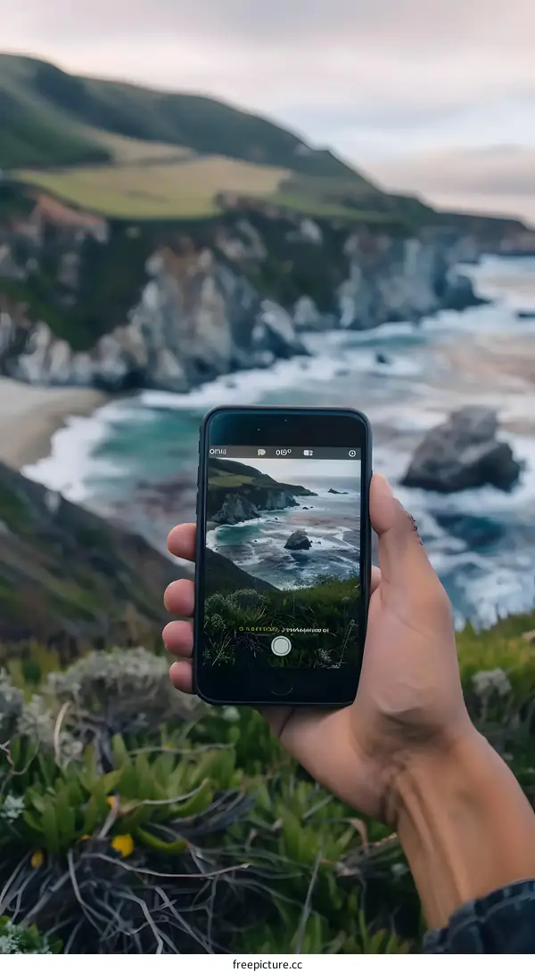 Hand Holding Smartphone Taking Picture Of Coastline
