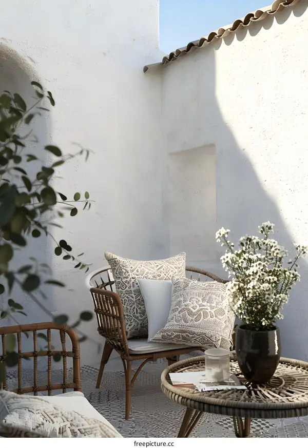 Wicker Chair And Table On Patio With White Wall