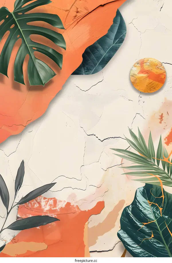Tropical Leaf Abstract Background with Orange and Green Colors