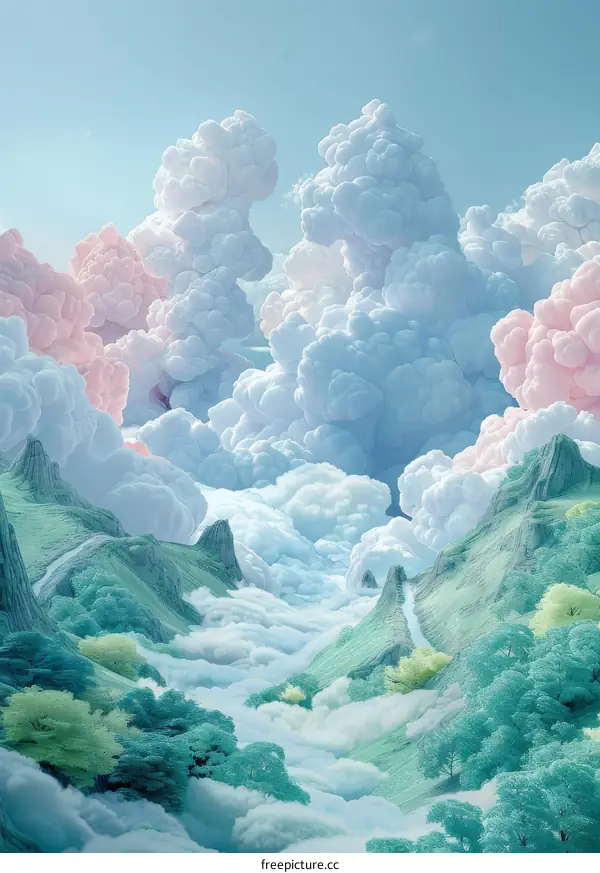 Pastel Dreamy Landscape of Clouds and Mountains