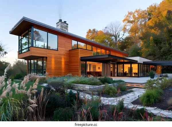 Modern Home with Large Windows and Stone Patio