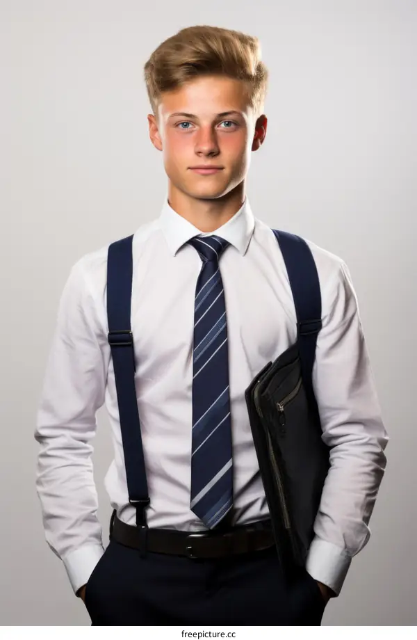 Young businessman with blond hair wearing white shirt, dark blue tie and suspenders