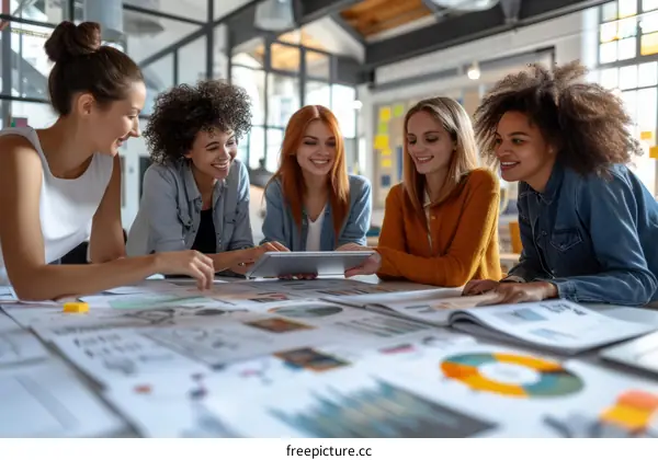A group of young women working together in an office
