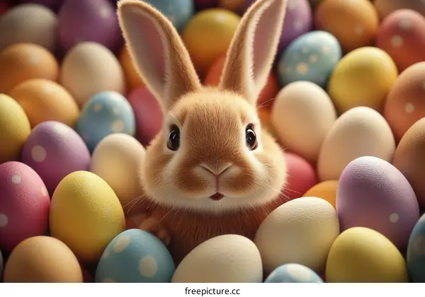 Adorable Easter Bunny Among Colorful Eggs