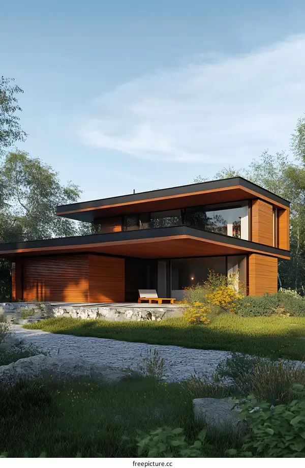 Modern Wooden House with Stone Pathway