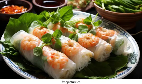 Fresh and healthy Vietnamese spring rolls with vegetables and shrimp