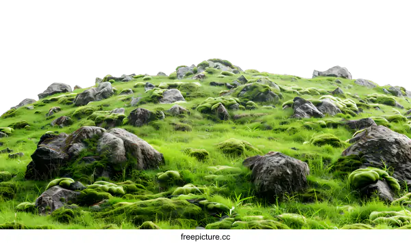 [Transparent Background PNG]Green Grass Field with Rocks and Moss