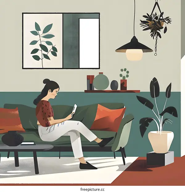 Woman Relaxing on Couch with Phone in Hand