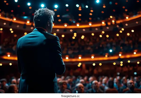 Man giving speech on stage during conference