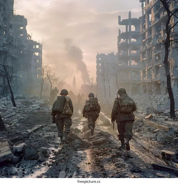 Three American Soldiers Walking Through a Destroyed City During World War II