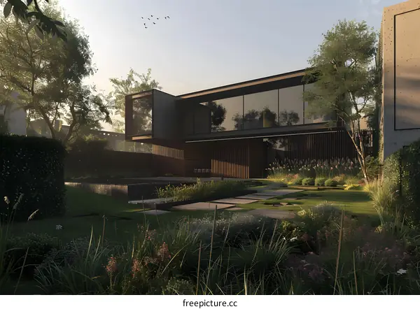 Modern House with a Garden and a Pond in the Front Yard