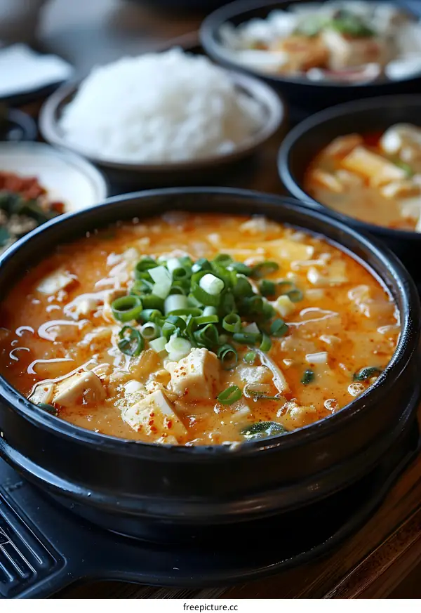 Spicy Tofu Soup with Green Onions in Black Bowl
