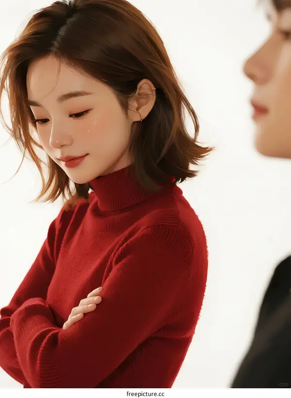 A woman in a red turtleneck sweater with arms crossed