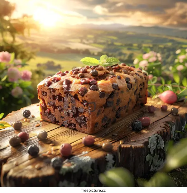 Close-up of a delicious fruitcake on a wooden table with a beautiful sunset in the background