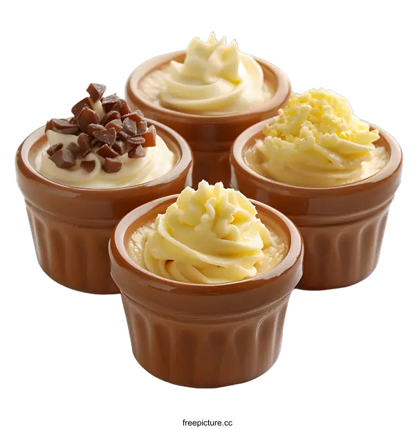 [Transparent Background PNG]Four Ramekins with Different Flavors of Buttercream Frosting