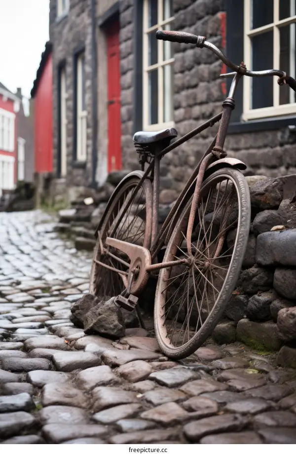 Rusty Bicycle Leaning Against a Stone in a Cobblestone Alley