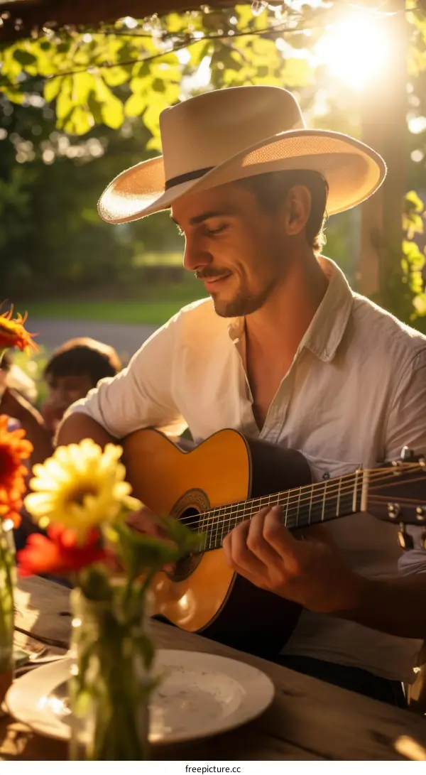 Cowboy playing guitar in the garden
