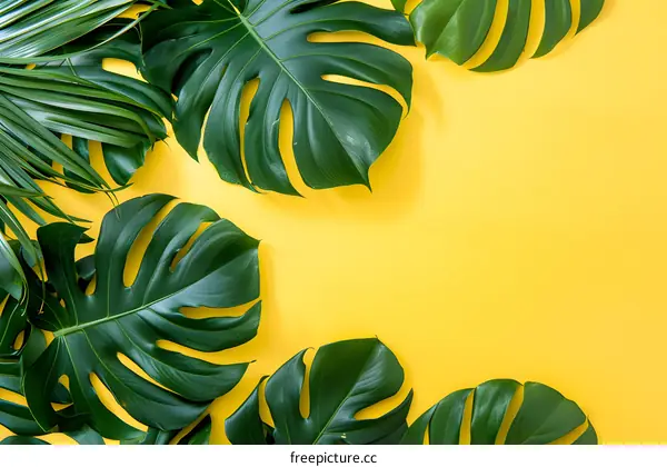 Tropical Green Leaves on Yellow Background