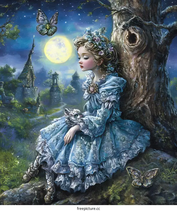 Girl with Flowers and Butterflies Sitting Under a Tree in Moonlight