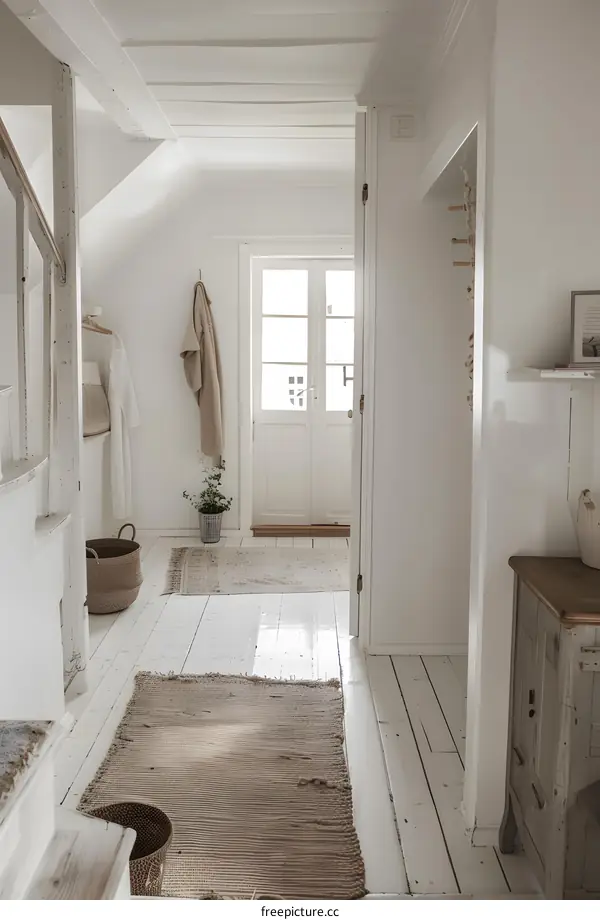 Minimalist White Entryway with Two Rugs and a Plant