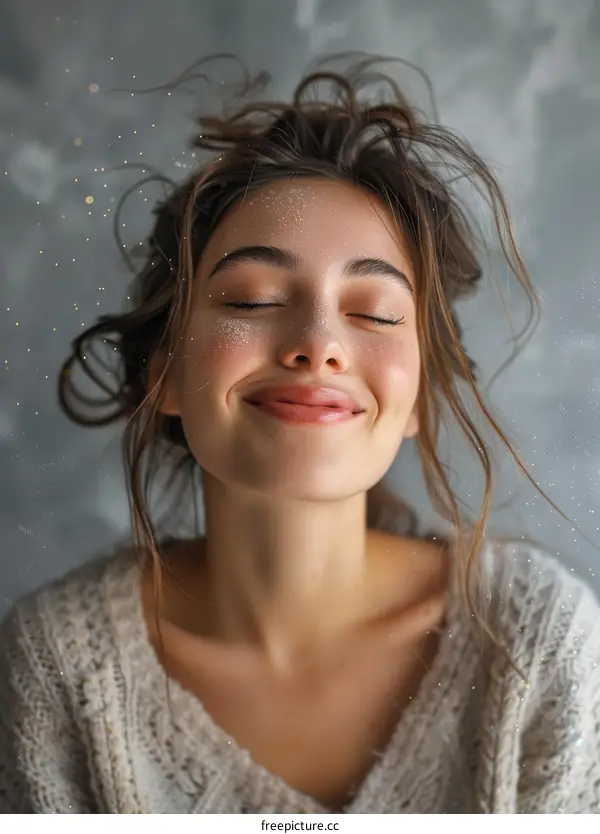 Young Woman with Glitter on her Face Smiling with her Eyes Closed