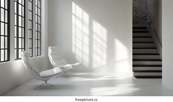 Modern White Interior Design With Windows And Stairs