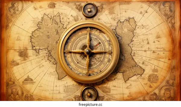 A golden compass sits atop an old world map