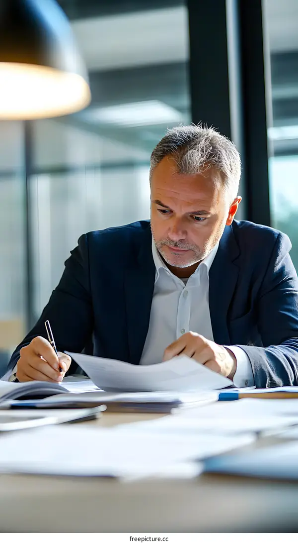 Businessman Working On Documents At Desk In Office