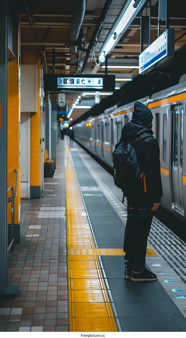 Person Waiting at Train Station Platform in Japan