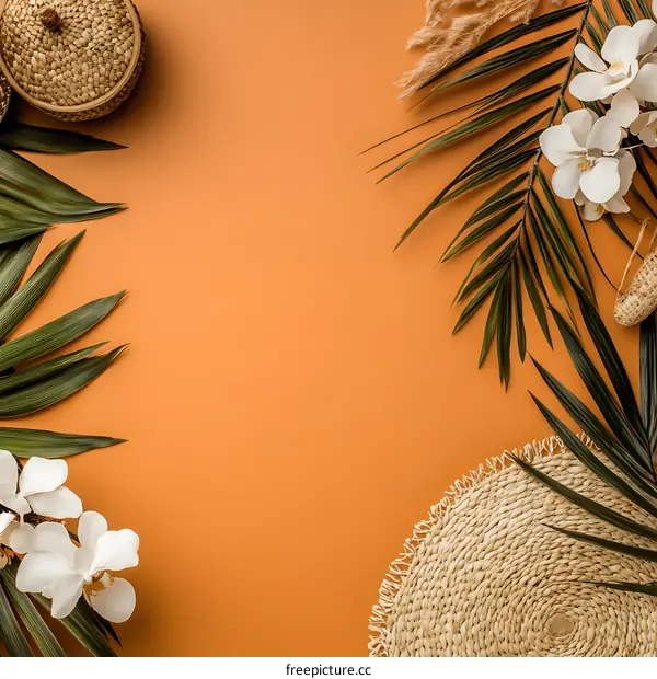 Tropical Leaves and Wicker on Orange Background