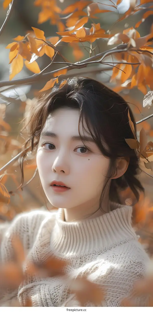 Young Woman in a White Sweater Looking at the Camera with Autumn Leaves in the Background