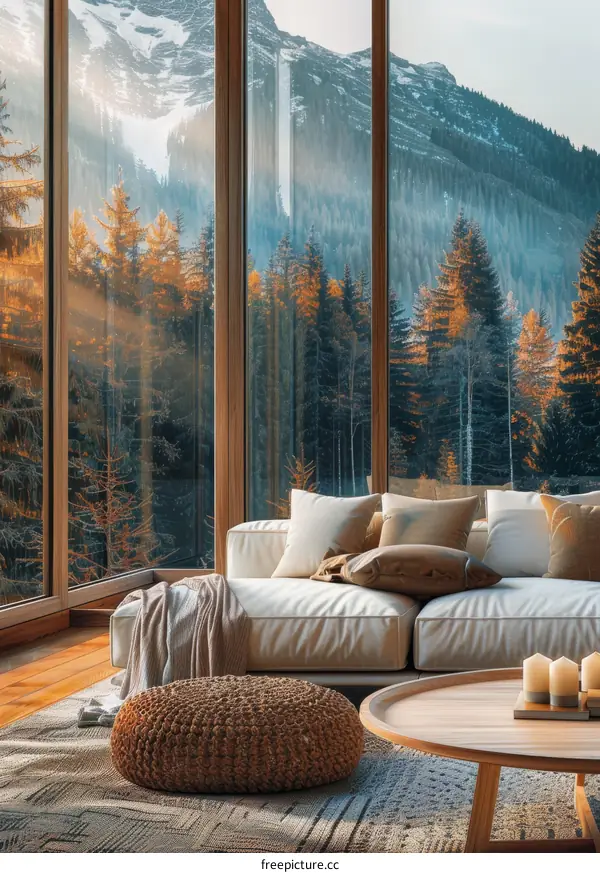Modern living room interior with large windows and beautiful mountain view
