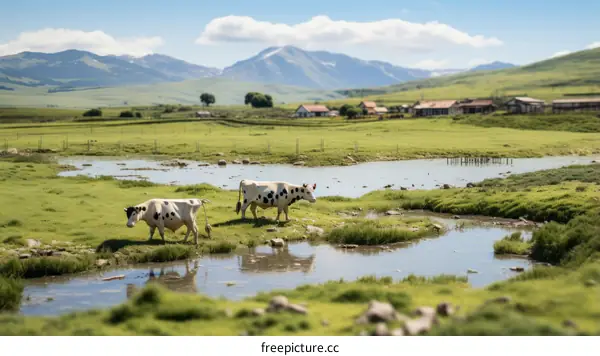 Cows grazing in a field near a river with mountains in the background on a sunny day