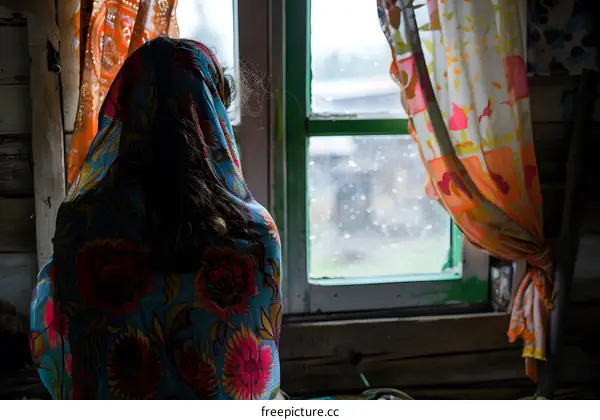 A woman in a headscarf looks out the window