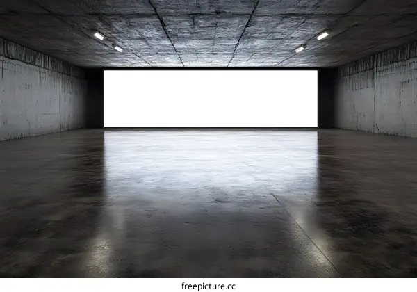 Empty Room with White Screen and Concrete Walls