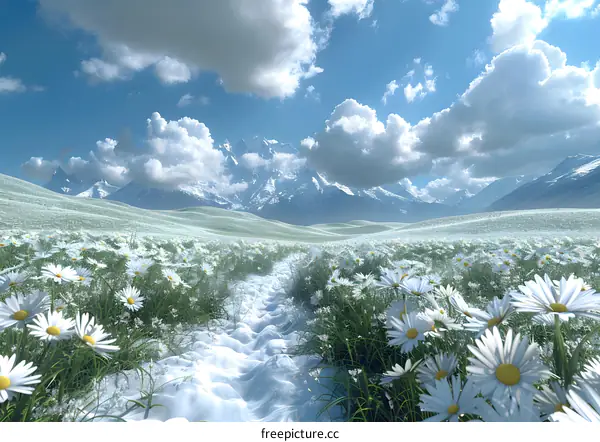 White daisies blooming in the snow