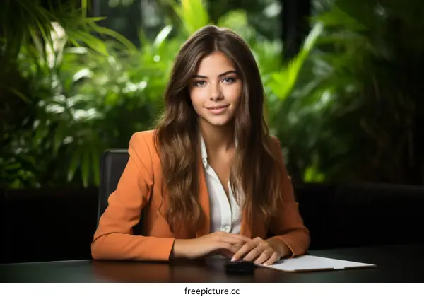 Confident businesswoman sitting at her desk in a lush office space